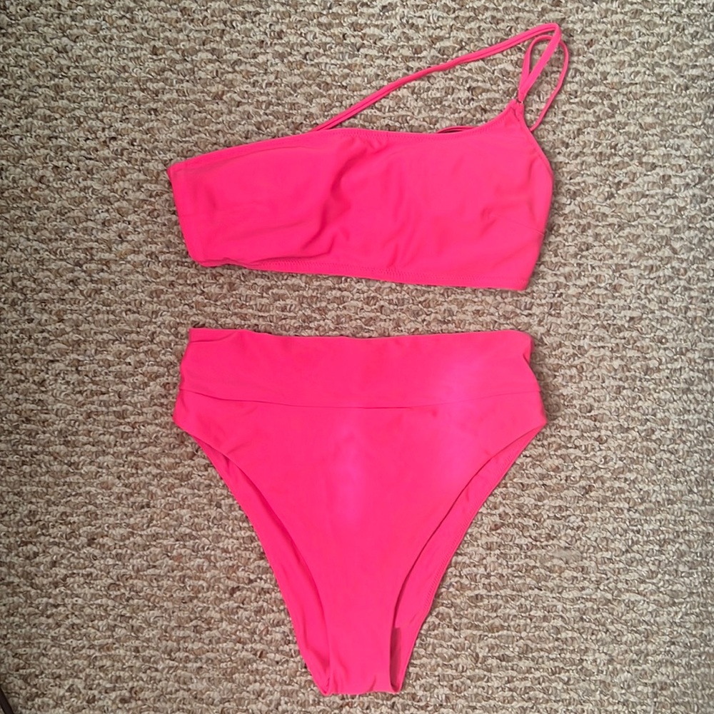 Bright Pink high-waisted one-strap bikini